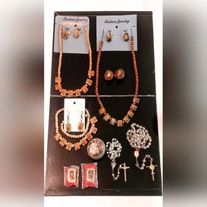 Lot of10Religious Beaded Clear  Rosaries,Wood Necklaces, Earrings,Dear Eye Charm